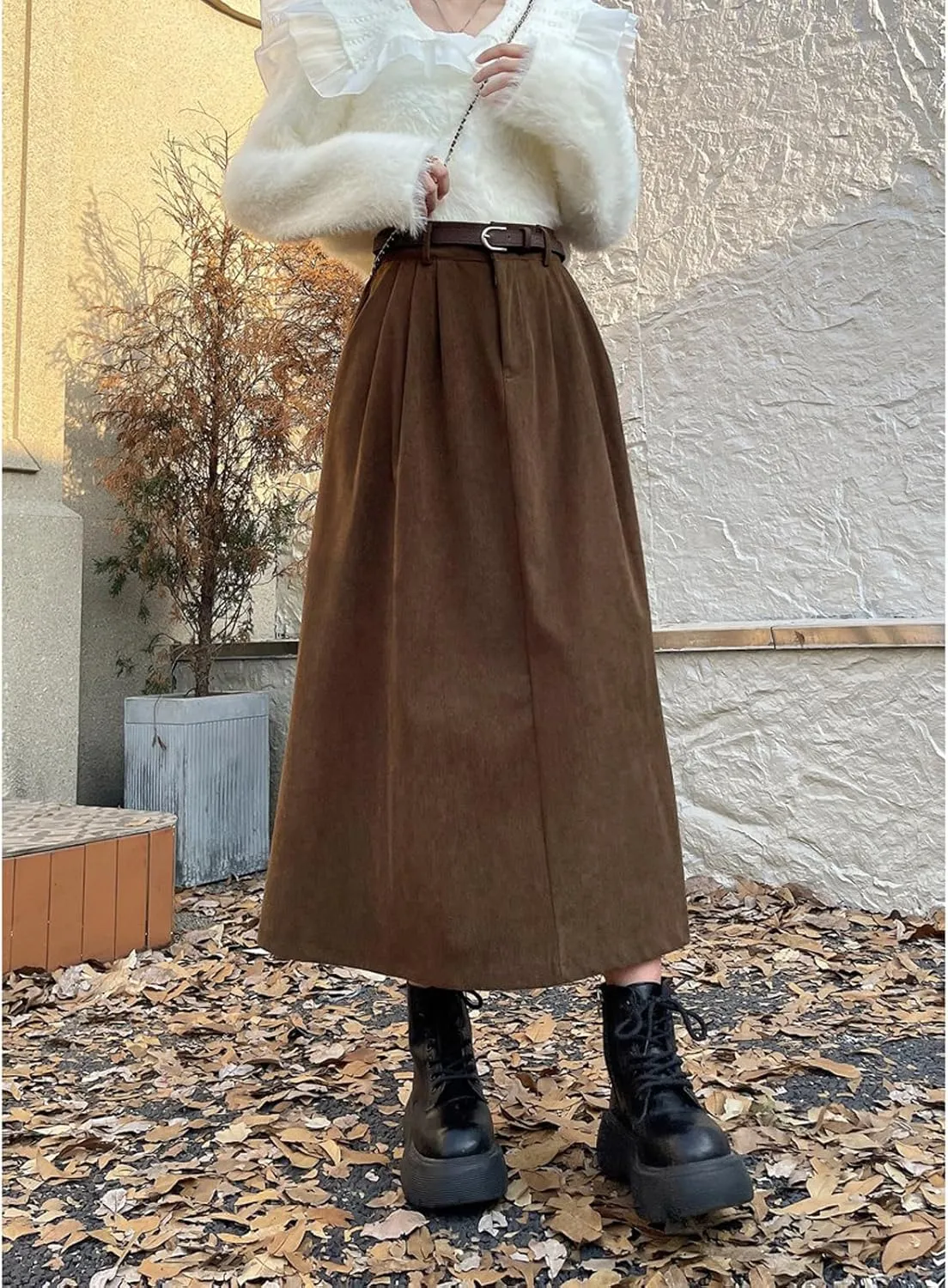 Women's High Waist Midi Skirt Vintage Elastic A-Line Pleated Button Skirts with Pockets
