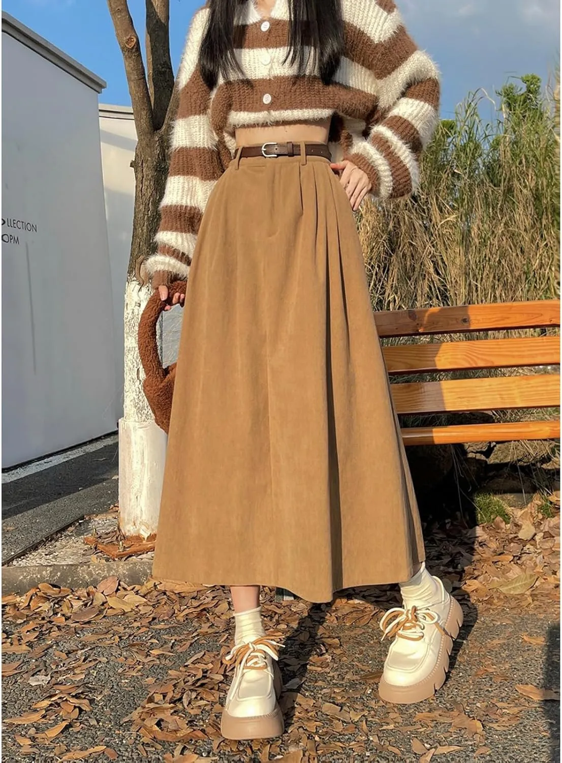 Women's High Waist Midi Skirt Vintage Elastic A-Line Pleated Button Skirts with Pockets