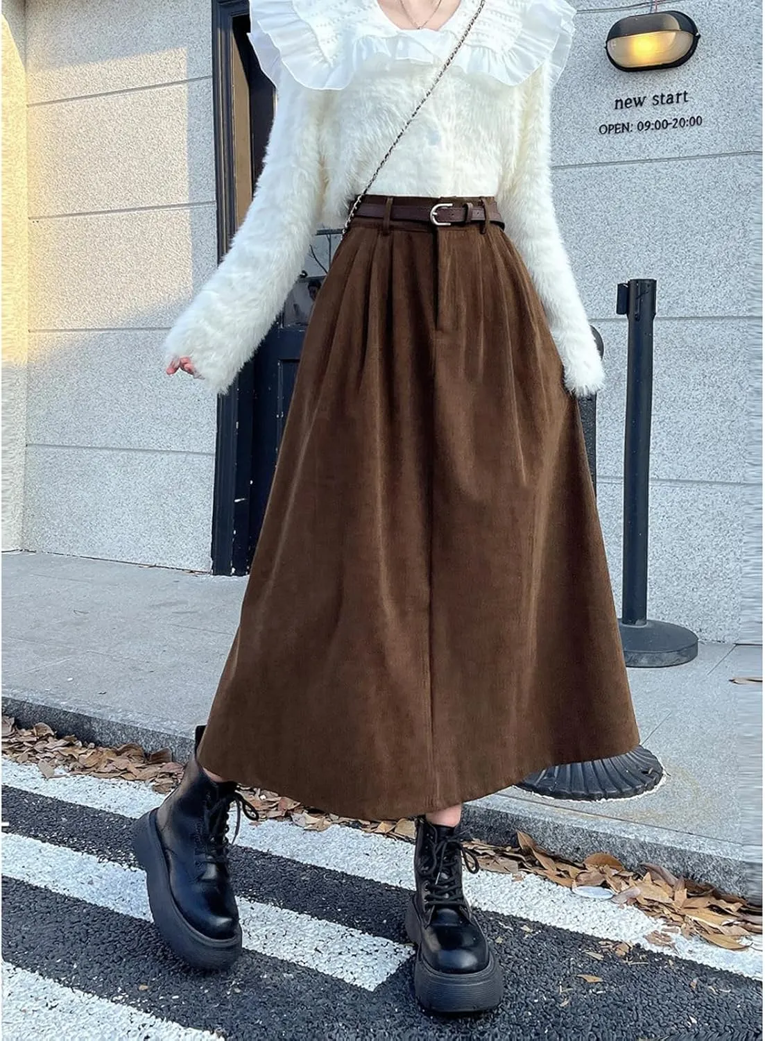 Women's High Waist Midi Skirt Vintage Elastic A-Line Pleated Button Skirts with Pockets