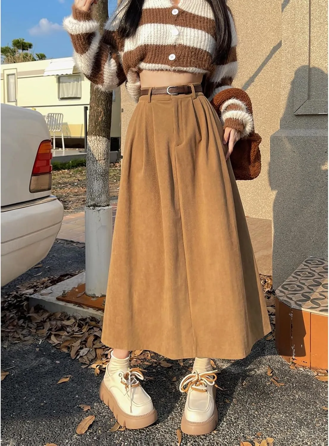 Women's High Waist Midi Skirt Vintage Elastic A-Line Pleated Button Skirts with Pockets
