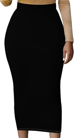 Women's High Waist Tummy Slim Bodycon Club Maxi Long Pencil Skirts Summer Fall Casual Elastic Below Knee Office Work Skirt
