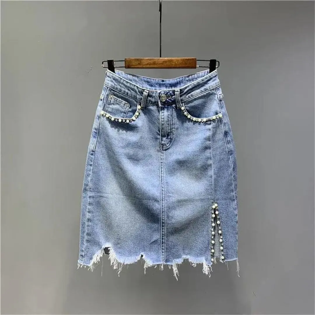 Women's High-Waisted Button Skirts Spliced Pockets Diamonds Beading Casual Skirts