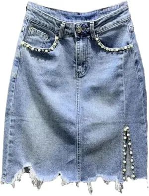 Women's High-Waisted Button Skirts Spliced Pockets Diamonds Beading Casual Skirts