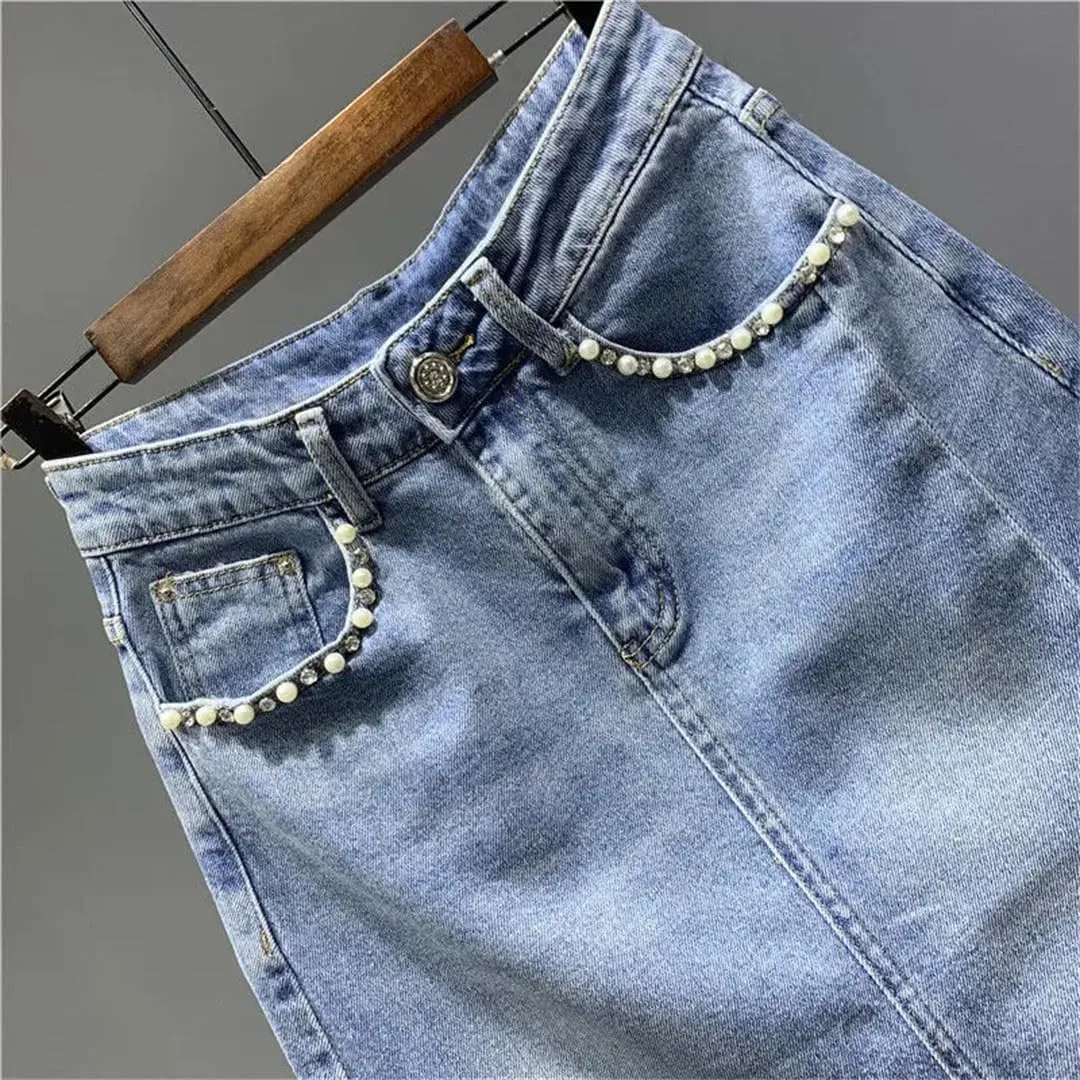 Women's High-Waisted Button Skirts Spliced Pockets Diamonds Beading Casual Skirts