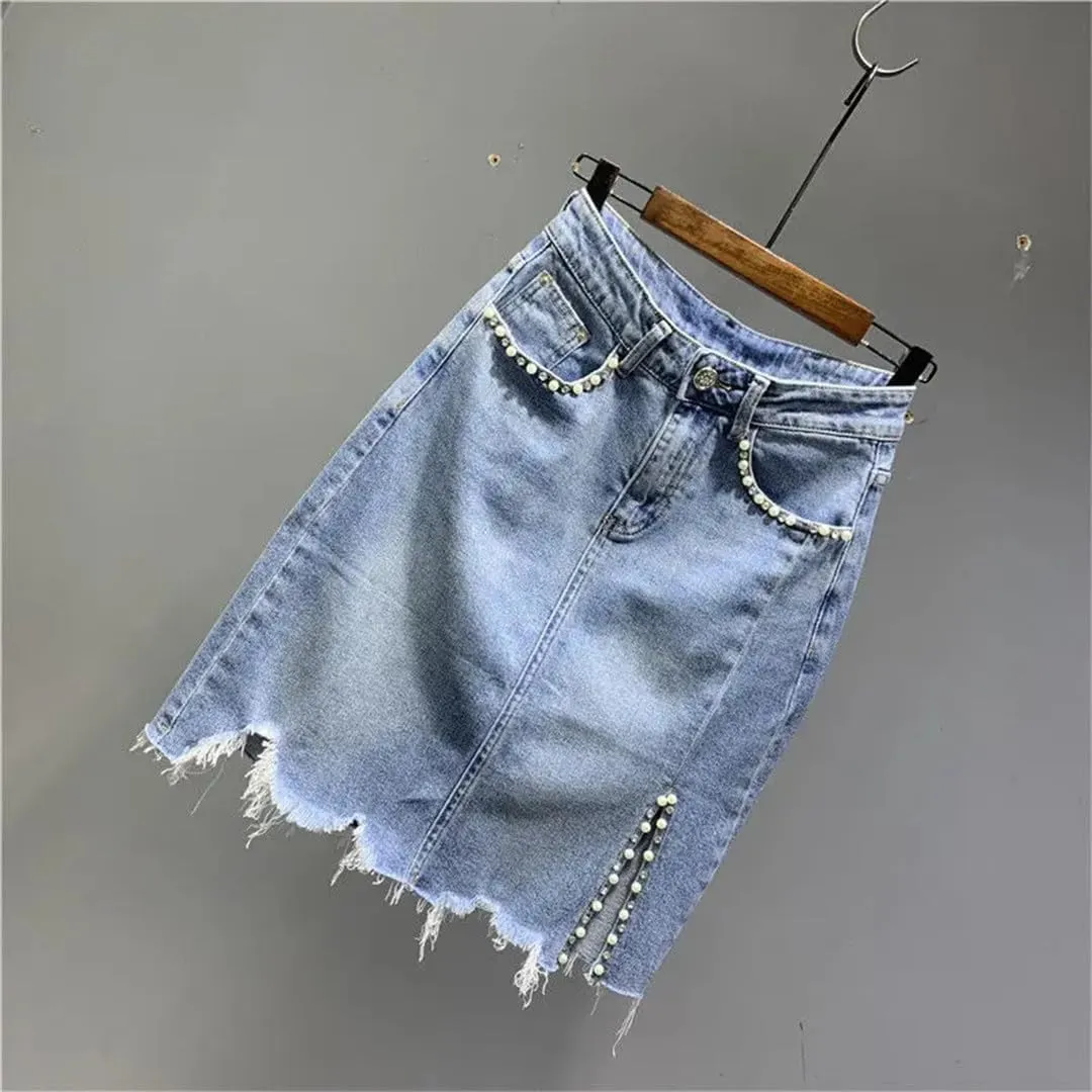 Women's High-Waisted Button Skirts Spliced Pockets Diamonds Beading Casual Skirts