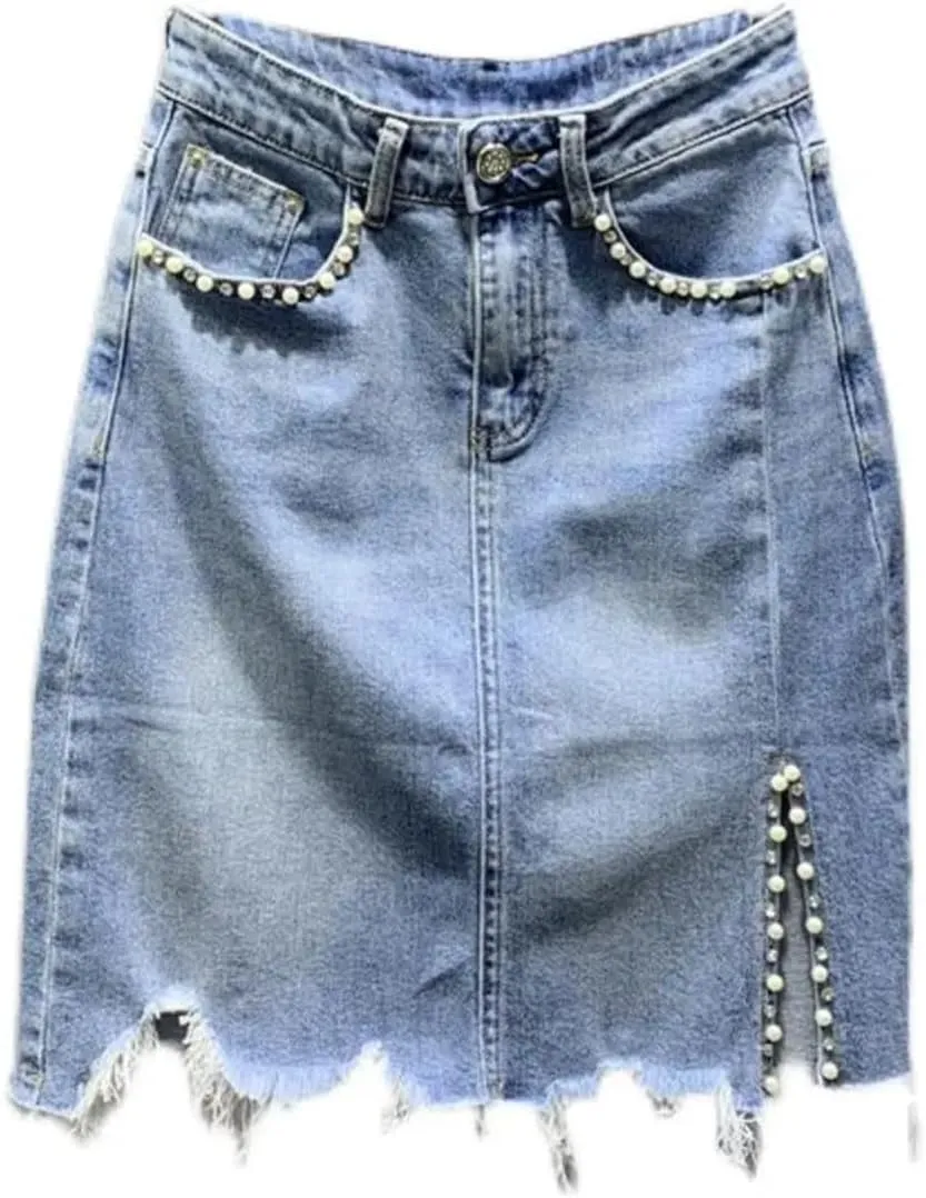 Women's High-Waisted Button Skirts Spliced Pockets Diamonds Beading Casual Skirts