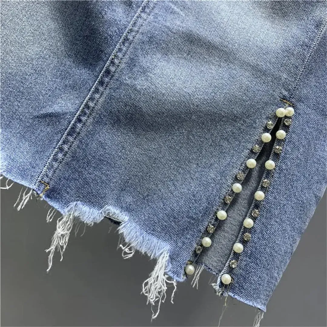 Women's High-Waisted Button Skirts Spliced Pockets Diamonds Beading Casual Skirts