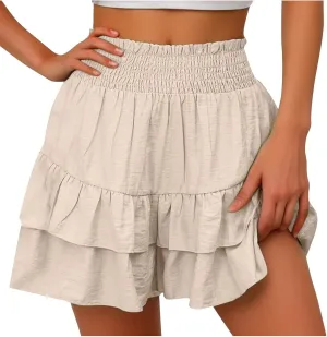 Women's High Waisted Ruffle Skirts with Floral Pleated Hem Workout Shorts Summer Casual Solid Color Cute Beach Skorts