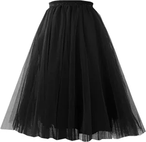 Women's Knee Length Tulle Skirts Layered Prom Party Midi Tutu Skirt