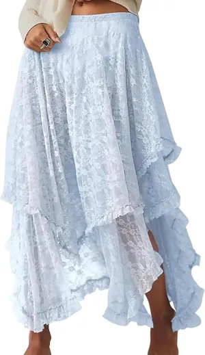 Women's Lace Skirts Long Floral Maxi Skirt Asymmetrical Ruffle Layered Sheer See-Through Flowy Lace Strim Skirt