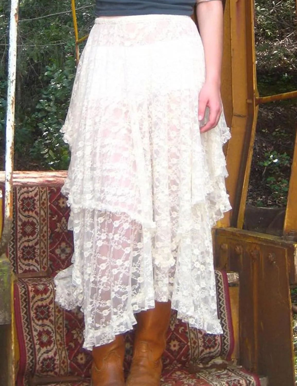 Women's Lace Skirts Long Floral Maxi Skirt Asymmetrical Ruffle Layered Sheer See-Through Flowy Lace Strim Skirt