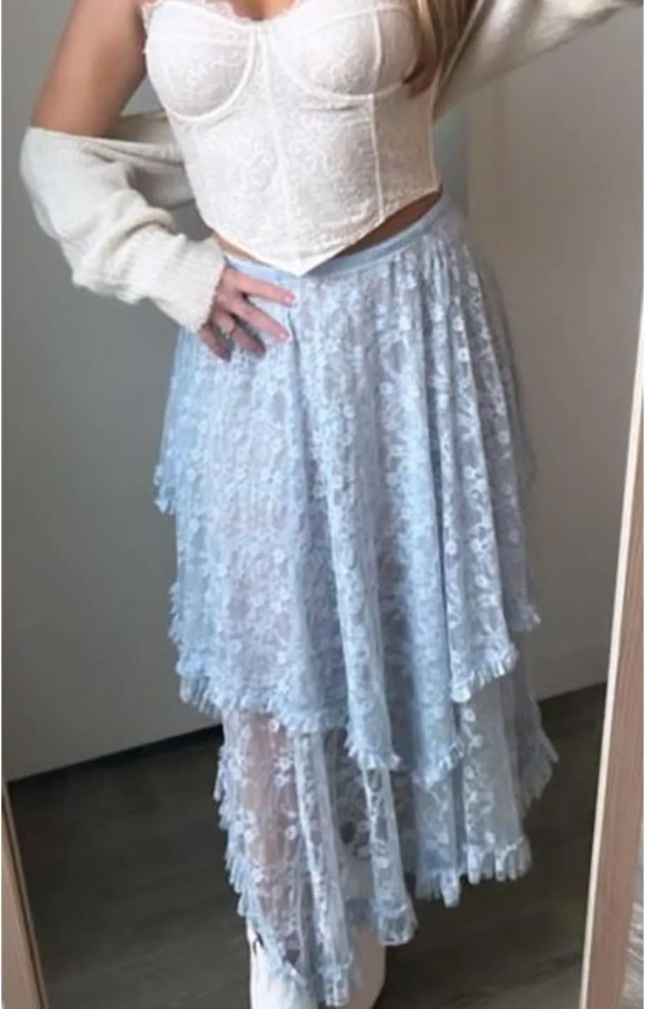 Women's Lace Skirts Long Floral Maxi Skirt Asymmetrical Ruffle Layered Sheer See-Through Flowy Lace Strim Skirt