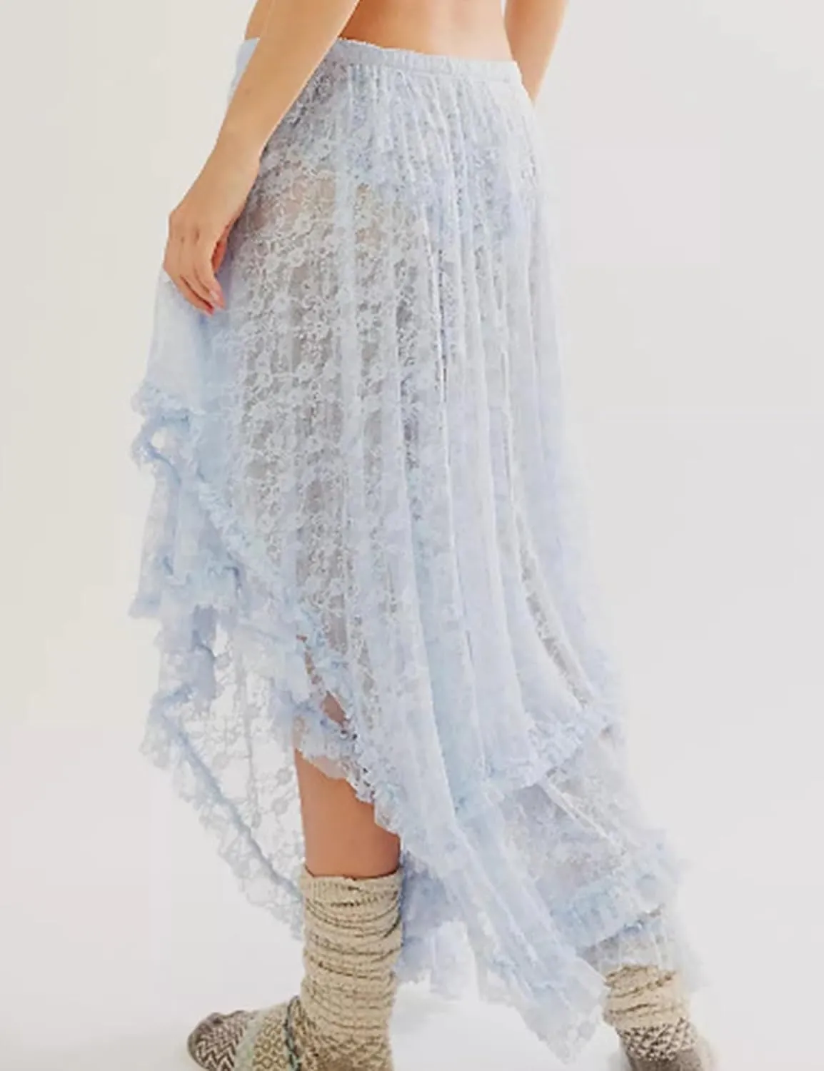 Women's Lace Skirts Long Floral Maxi Skirt Asymmetrical Ruffle Layered Sheer See-Through Flowy Lace Strim Skirt