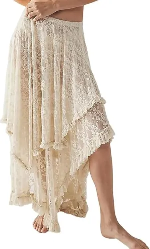 Women's Lace Skirts Long Floral Maxi Skirt Asymmetrical Ruffle Layered Sheer See-Through Flowy Lace Strim Skirt