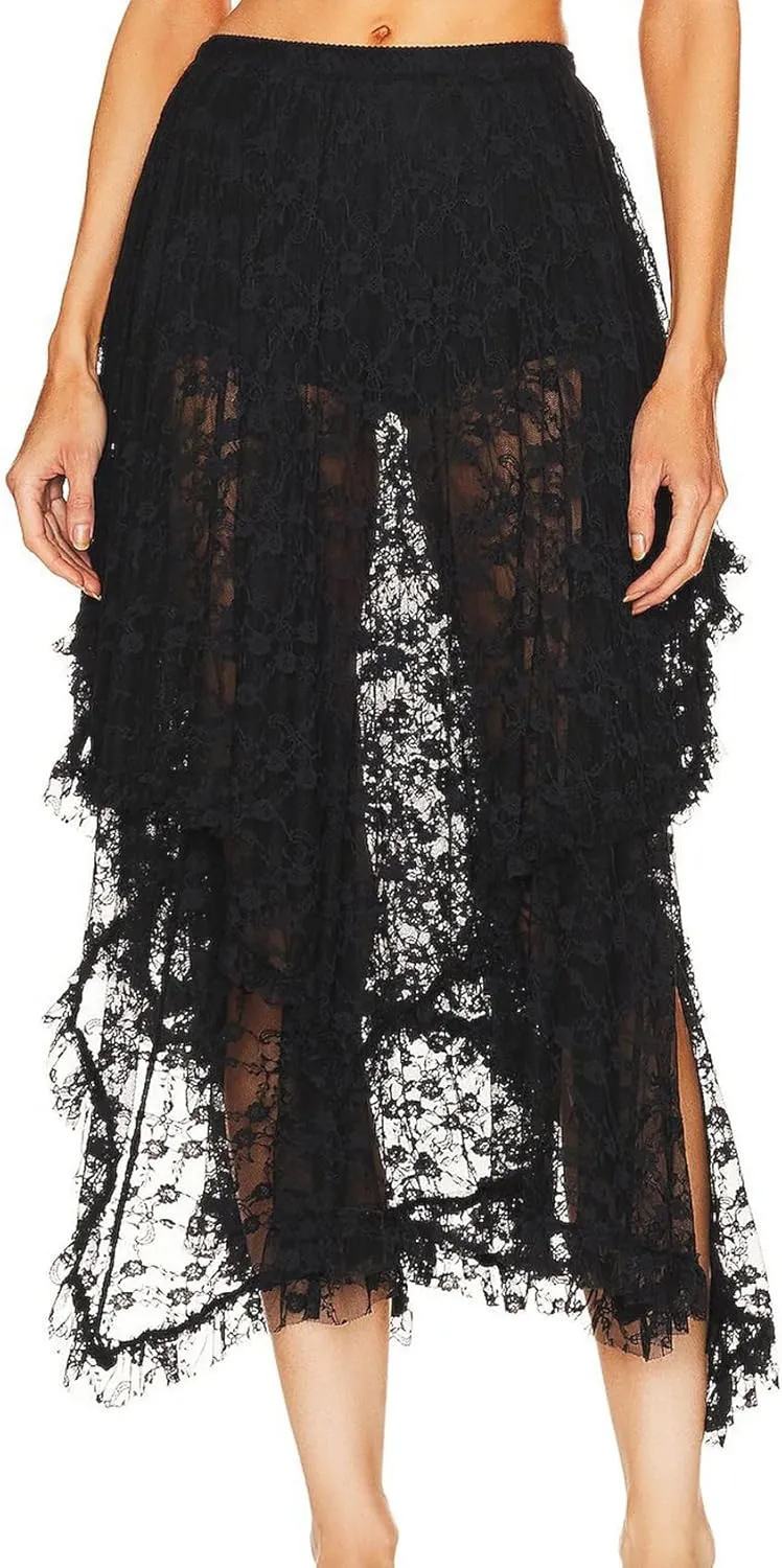 Women's Lace Skirts Long Floral Maxi Skirt Asymmetrical Ruffle Layered Sheer See-Through Flowy Lace Strim Skirt