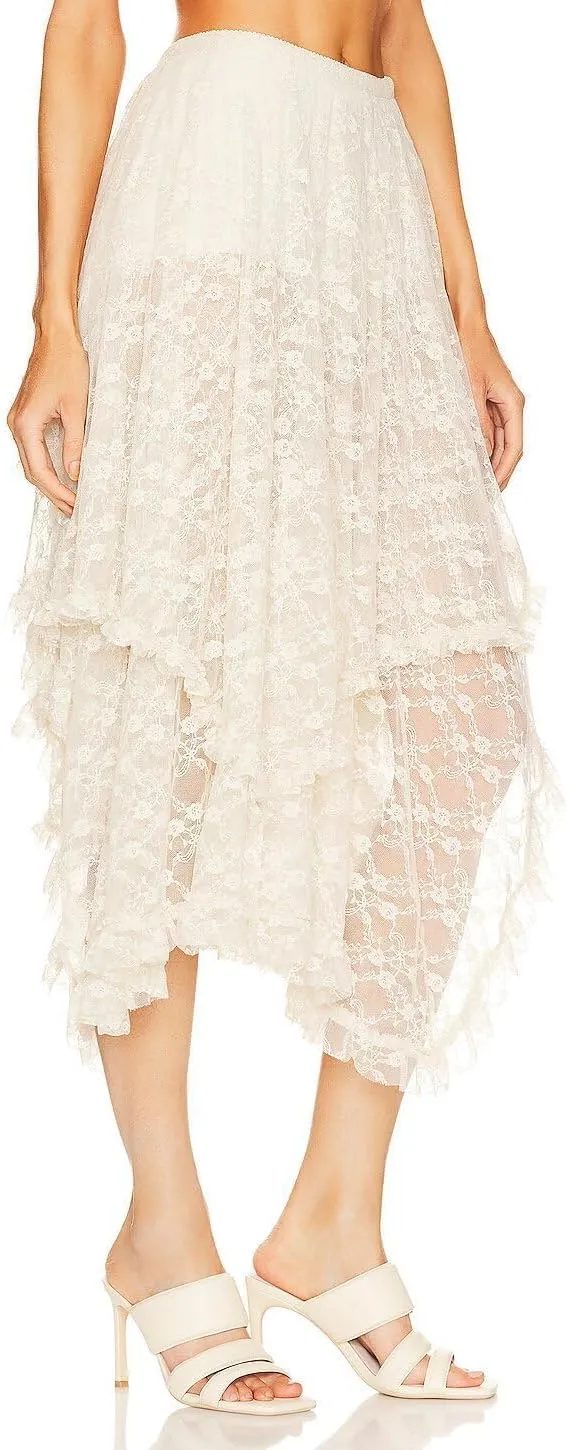 Women's Lace Skirts Long Floral Maxi Skirt Asymmetrical Ruffle Layered Sheer See-Through Flowy Lace Strim Skirt