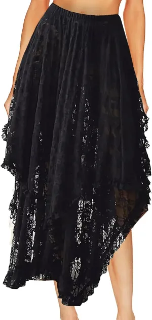 Women's Lace Skirts Long Floral Maxi Skirt Asymmetrical Ruffle Layered Sheer See-Through Flowy Lace Strim Skirt
