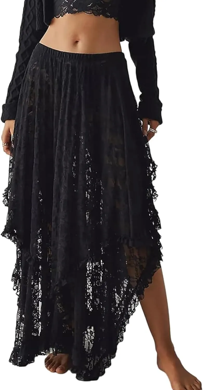 Women's Lace Skirts Long Floral Maxi Skirt Asymmetrical Ruffle Layered Sheer See-Through Flowy Lace Strim Skirt