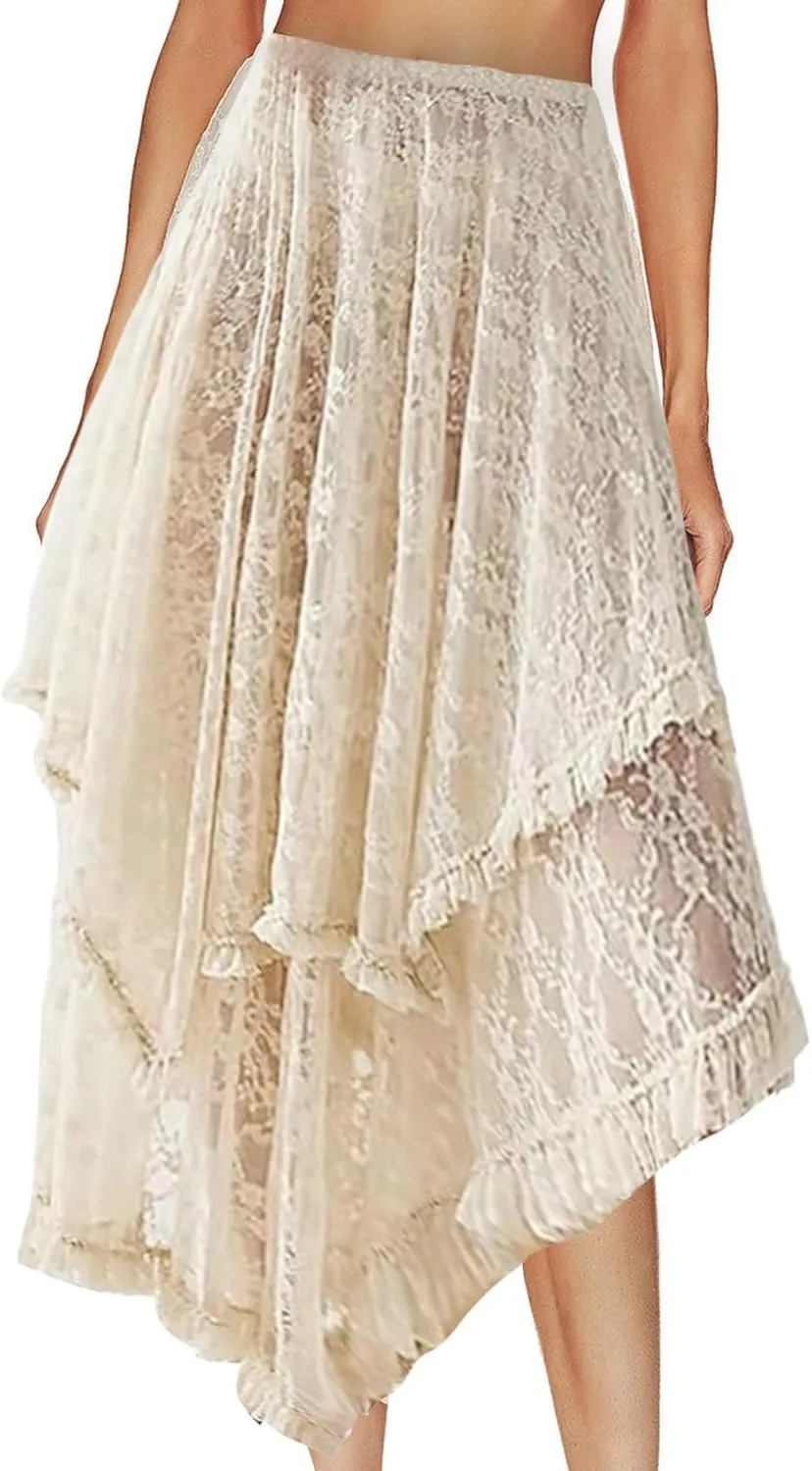 Women's Lace Skirts Long Floral Maxi Skirt Asymmetrical Ruffle Layered Sheer See-Through Flowy Lace Strim Skirt