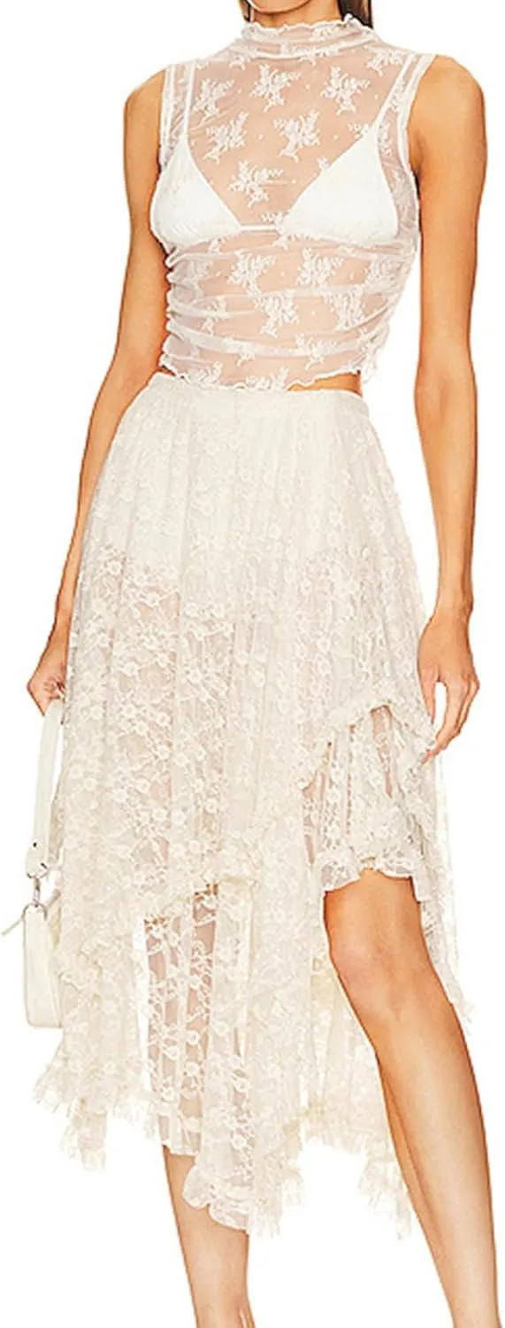 Women's Lace Skirts Long Floral Maxi Skirt Asymmetrical Ruffle Layered Sheer See-Through Flowy Lace Strim Skirt
