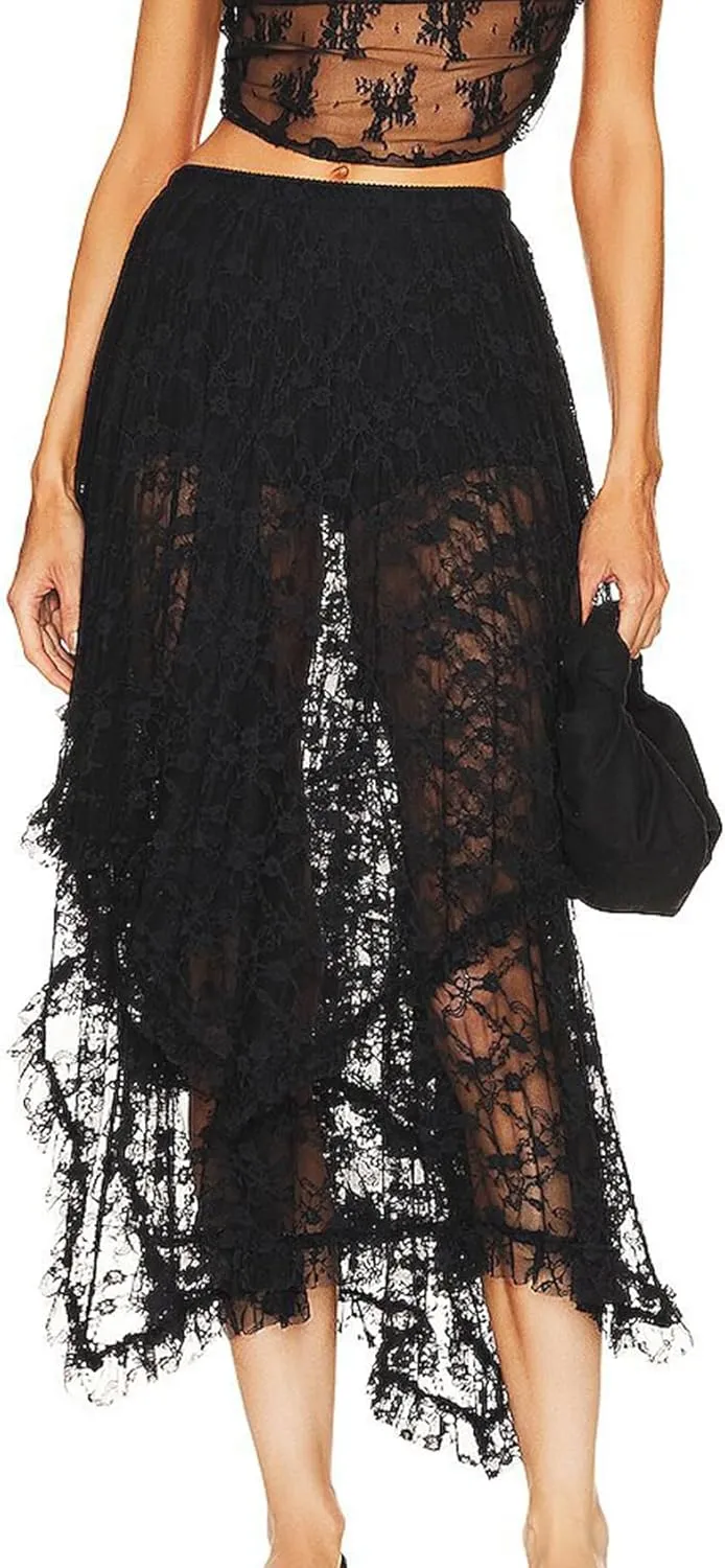 Women's Lace Skirts Long Floral Maxi Skirt Asymmetrical Ruffle Layered Sheer See-Through Flowy Lace Strim Skirt