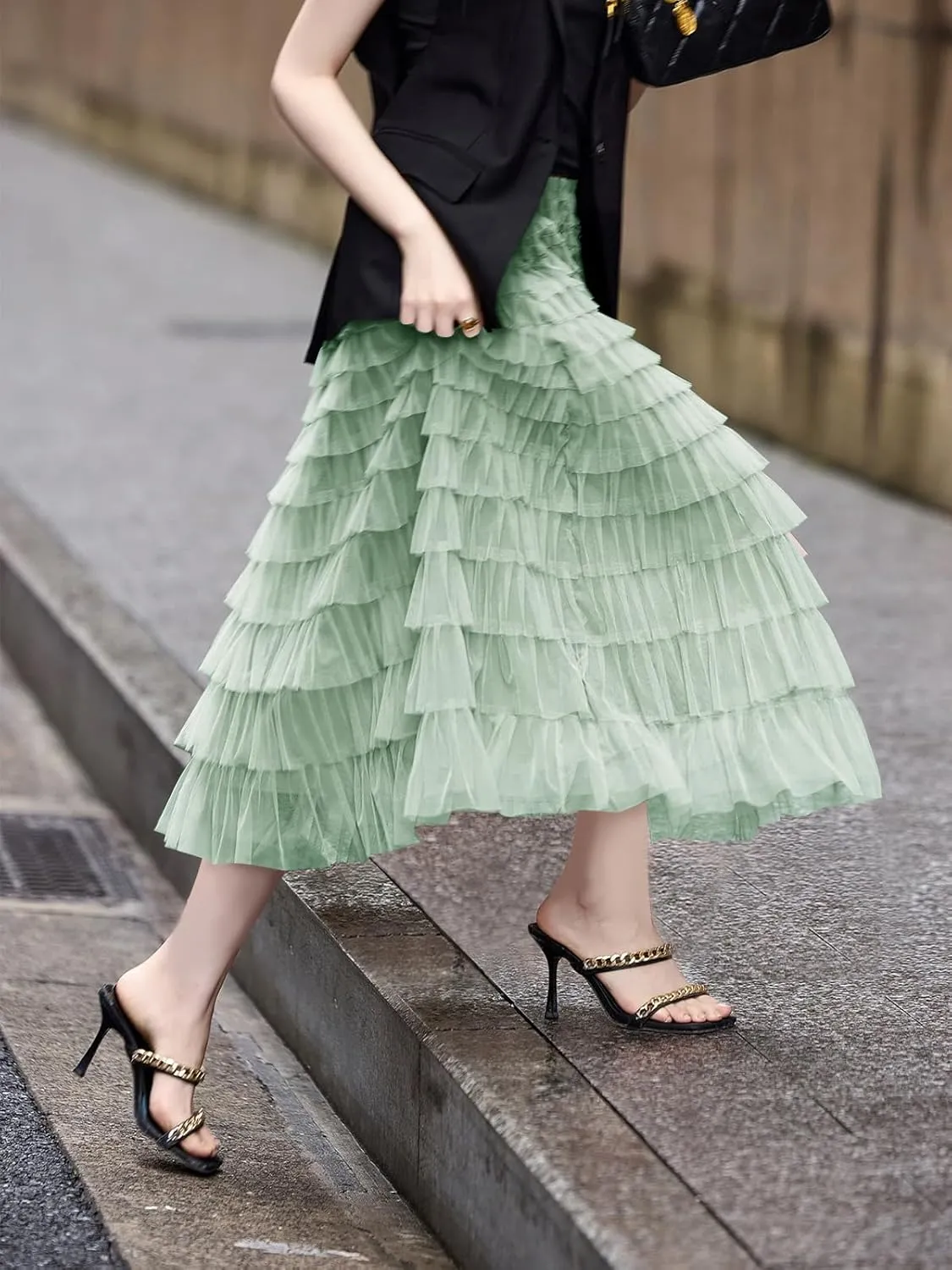Women's Layered Tulle Skirts A Line Ruffle High Waisted Mesh Long Maxi Skirt Petticoat