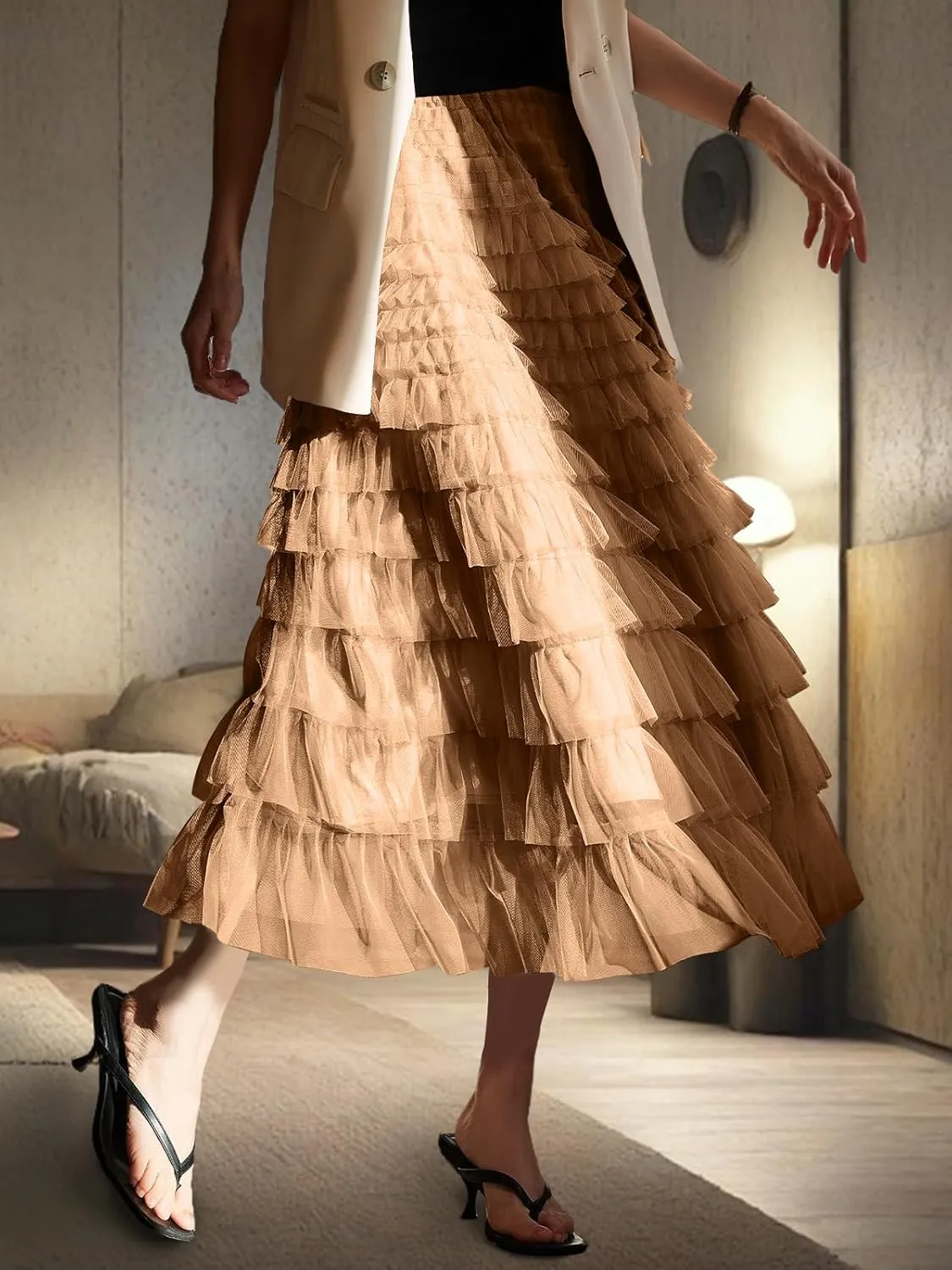 Women's Layered Tulle Skirts A Line Ruffle High Waisted Mesh Long Maxi Skirt Petticoat
