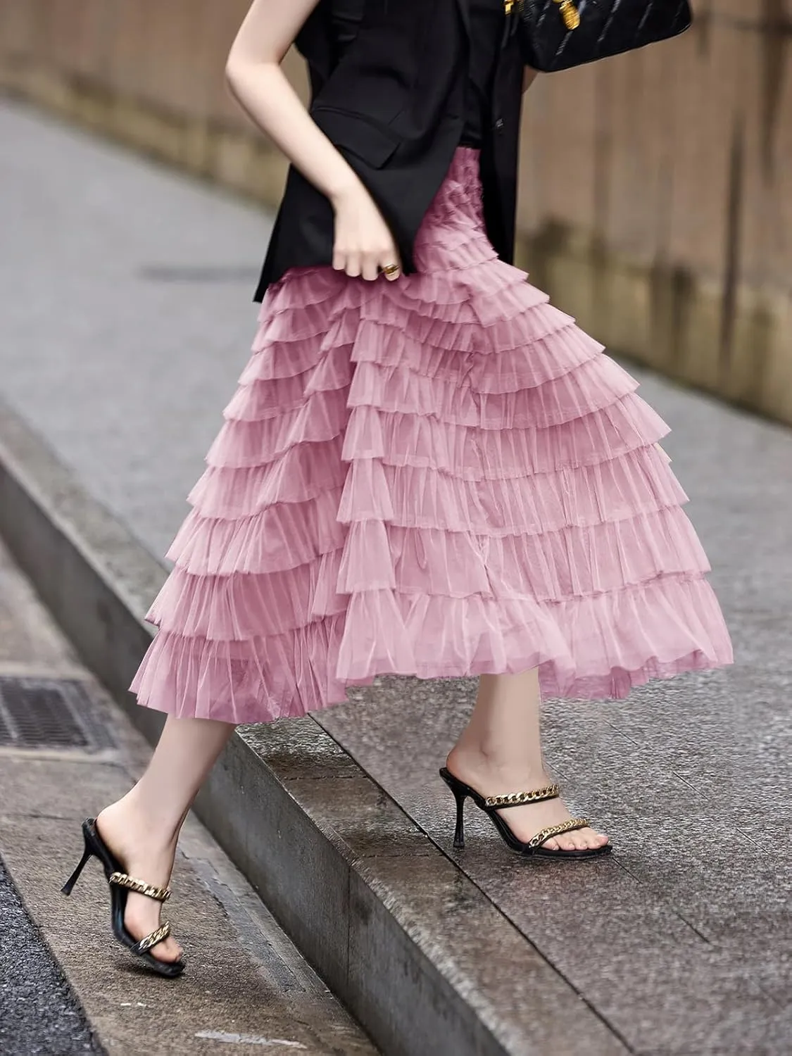 Women's Layered Tulle Skirts A Line Ruffle High Waisted Mesh Long Maxi Skirt Petticoat
