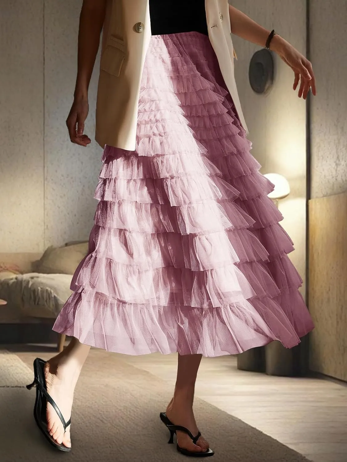 Women's Layered Tulle Skirts A Line Ruffle High Waisted Mesh Long Maxi Skirt Petticoat