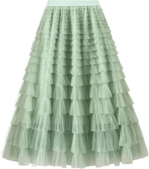 Women's Layered Tulle Skirts A Line Ruffle High Waisted Mesh Long Maxi Skirt Petticoat