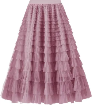 Women's Layered Tulle Skirts A Line Ruffle High Waisted Mesh Long Maxi Skirt Petticoat