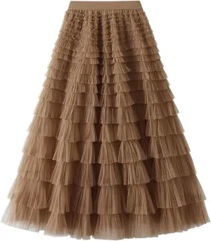 Women's Layered Tulle Skirts A Line Ruffle High Waisted Mesh Long Maxi Skirt Petticoat