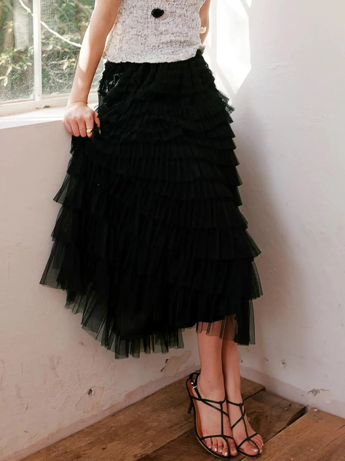 Women's Layered Tulle Skirts A Line Ruffle High Waisted Mesh Long Maxi Skirt Petticoat