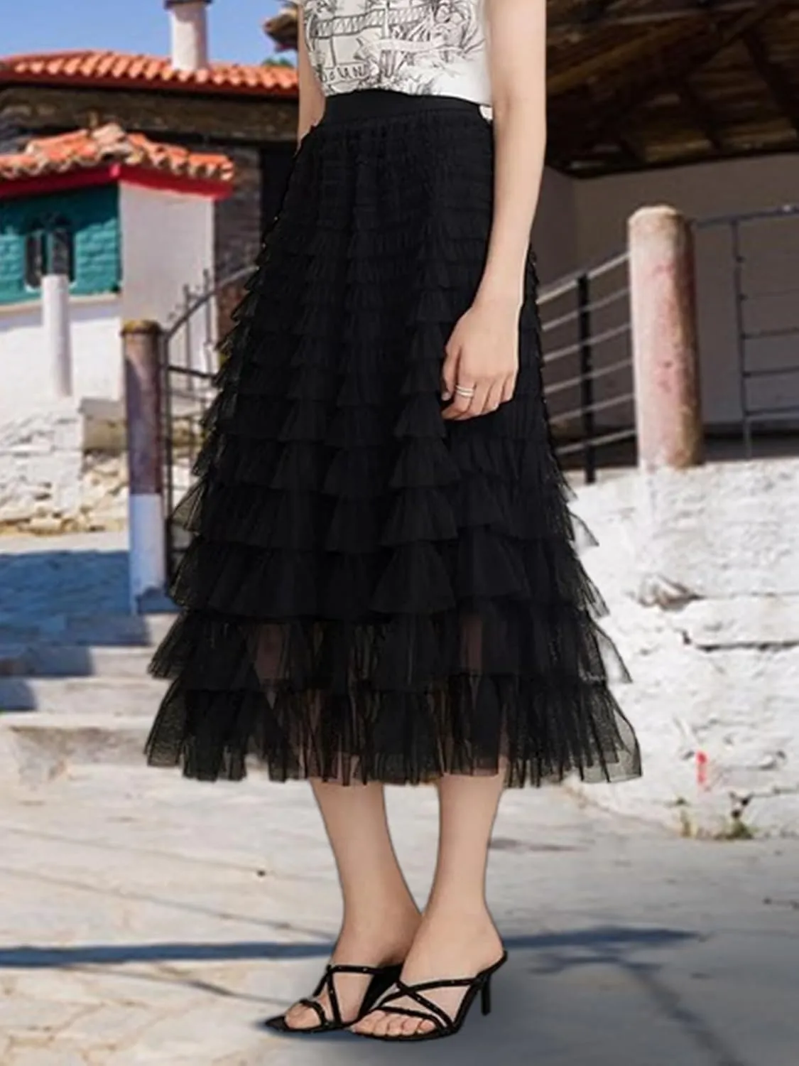 Women's Layered Tulle Skirts A Line Ruffle High Waisted Mesh Long Maxi Skirt Petticoat