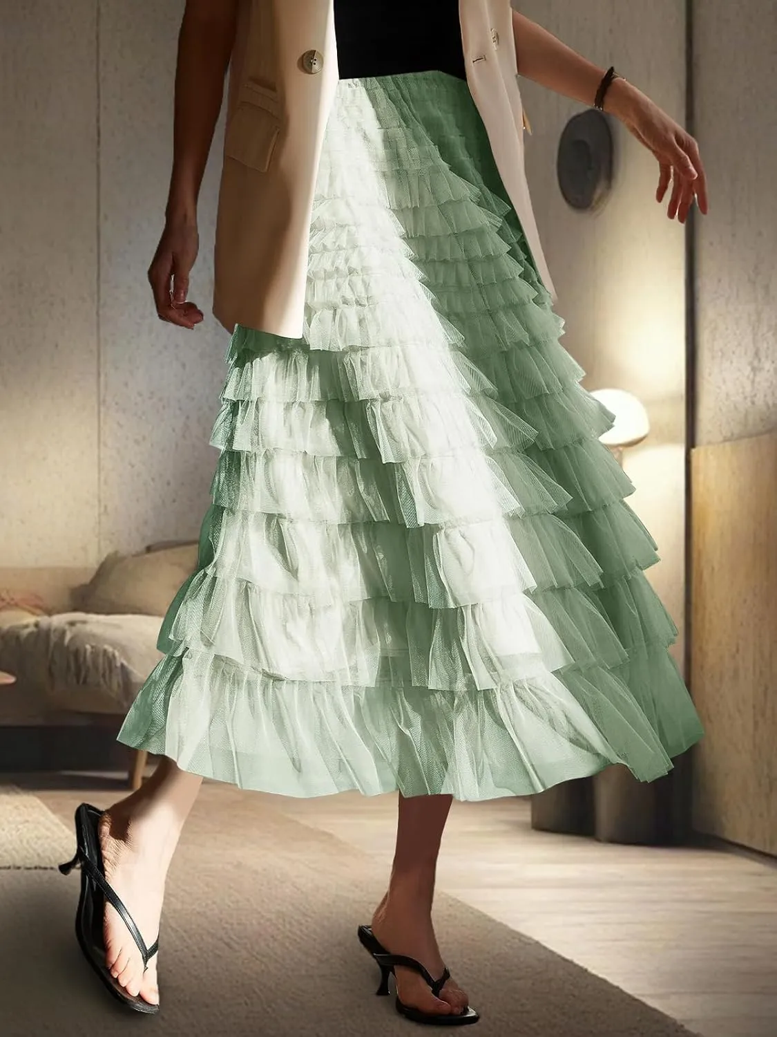 Women's Layered Tulle Skirts A Line Ruffle High Waisted Mesh Long Maxi Skirt Petticoat