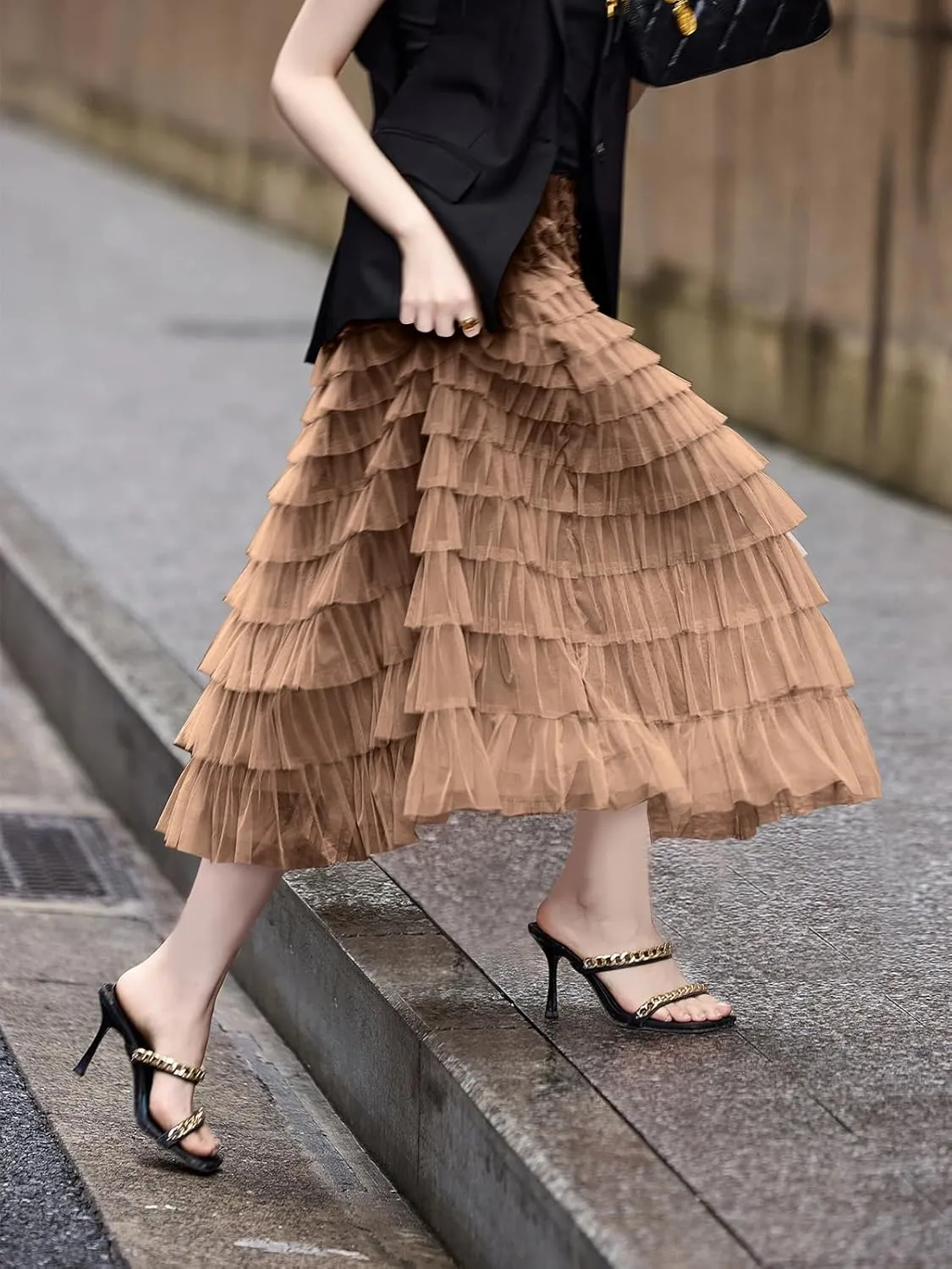 Women's Layered Tulle Skirts A Line Ruffle High Waisted Mesh Long Maxi Skirt Petticoat