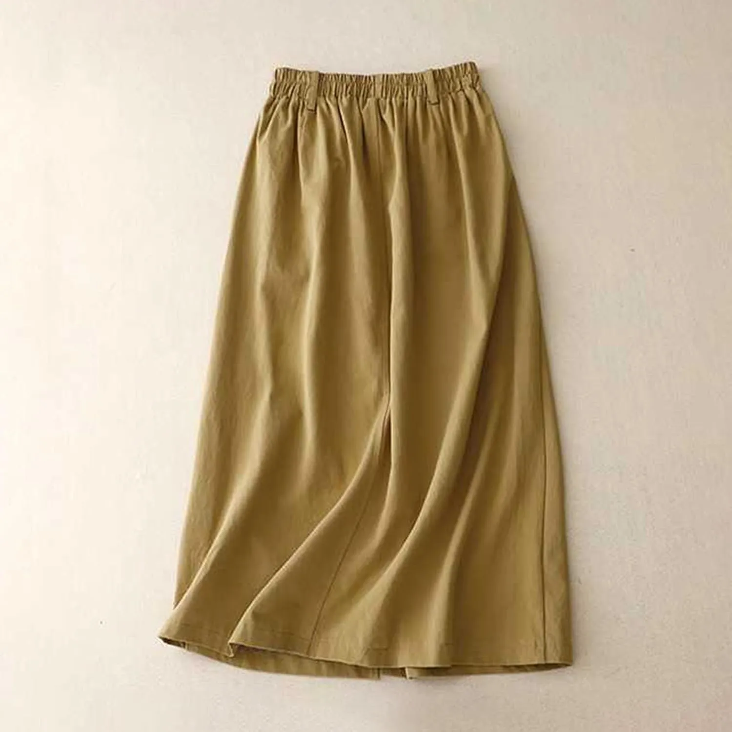 Womens Linen Cotton Midi Skirt Summer Causal Elastic Waist Loose Fit Pleated Split Button Pocket Skirt Trendy Clothes