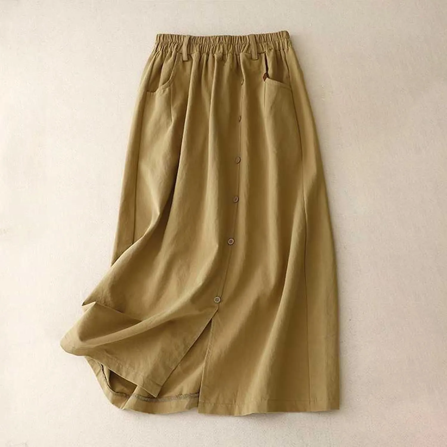 Womens Linen Cotton Midi Skirt Summer Causal Elastic Waist Loose Fit Pleated Split Button Pocket Skirt Trendy Clothes