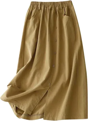 Womens Linen Cotton Midi Skirt Summer Causal Elastic Waist Loose Fit Pleated Split Button Pocket Skirt Trendy Clothes