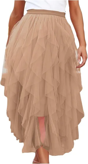 Women's Long A Line Tulle Tutu Skirts Tiered Skirt Petticoat Fairy Mesh Elastic Waist Midi Skirts Holiday Costume