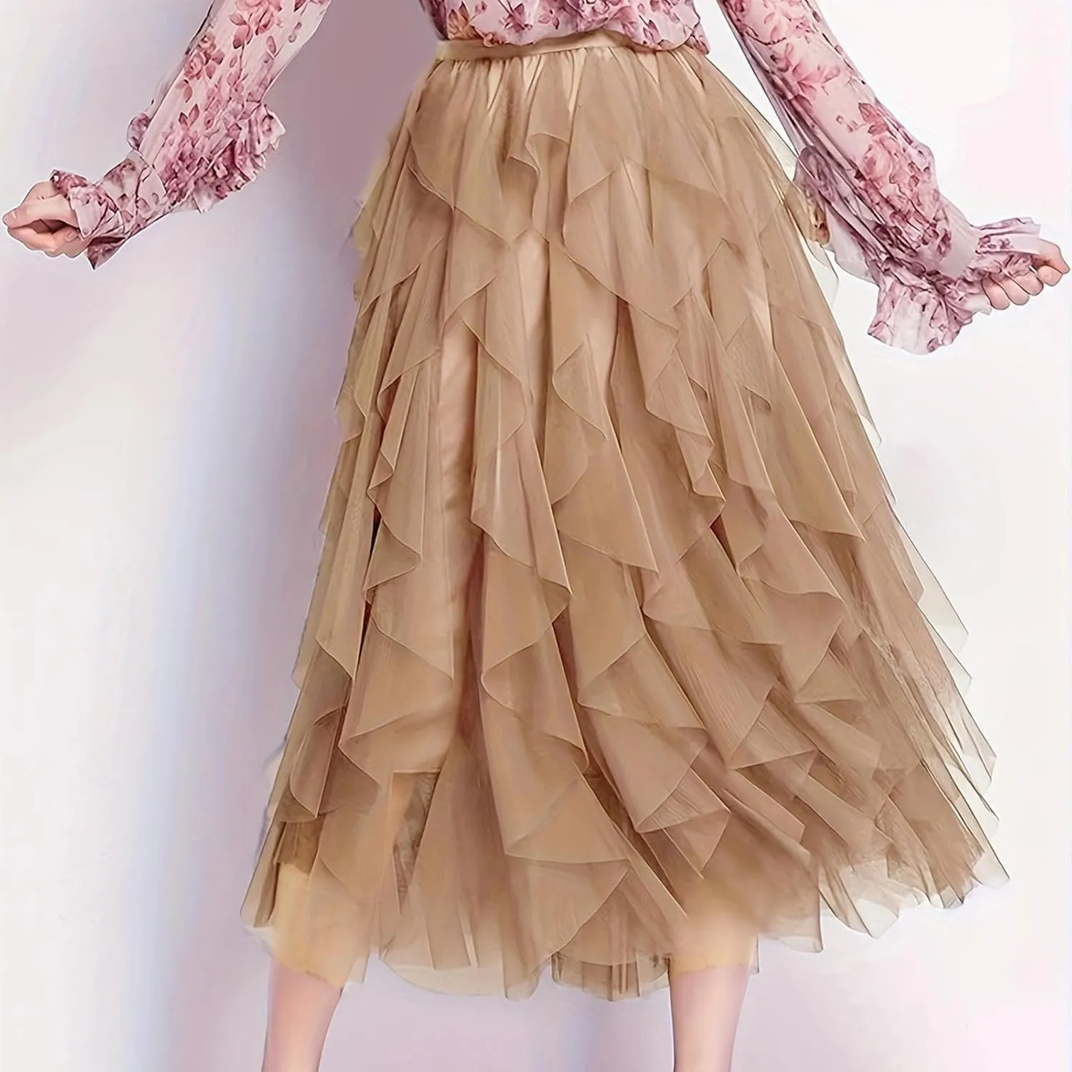 Women's Long A Line Tulle Tutu Skirts Tiered Skirt Petticoat Fairy Mesh Elastic Waist Midi Skirts Holiday Costume