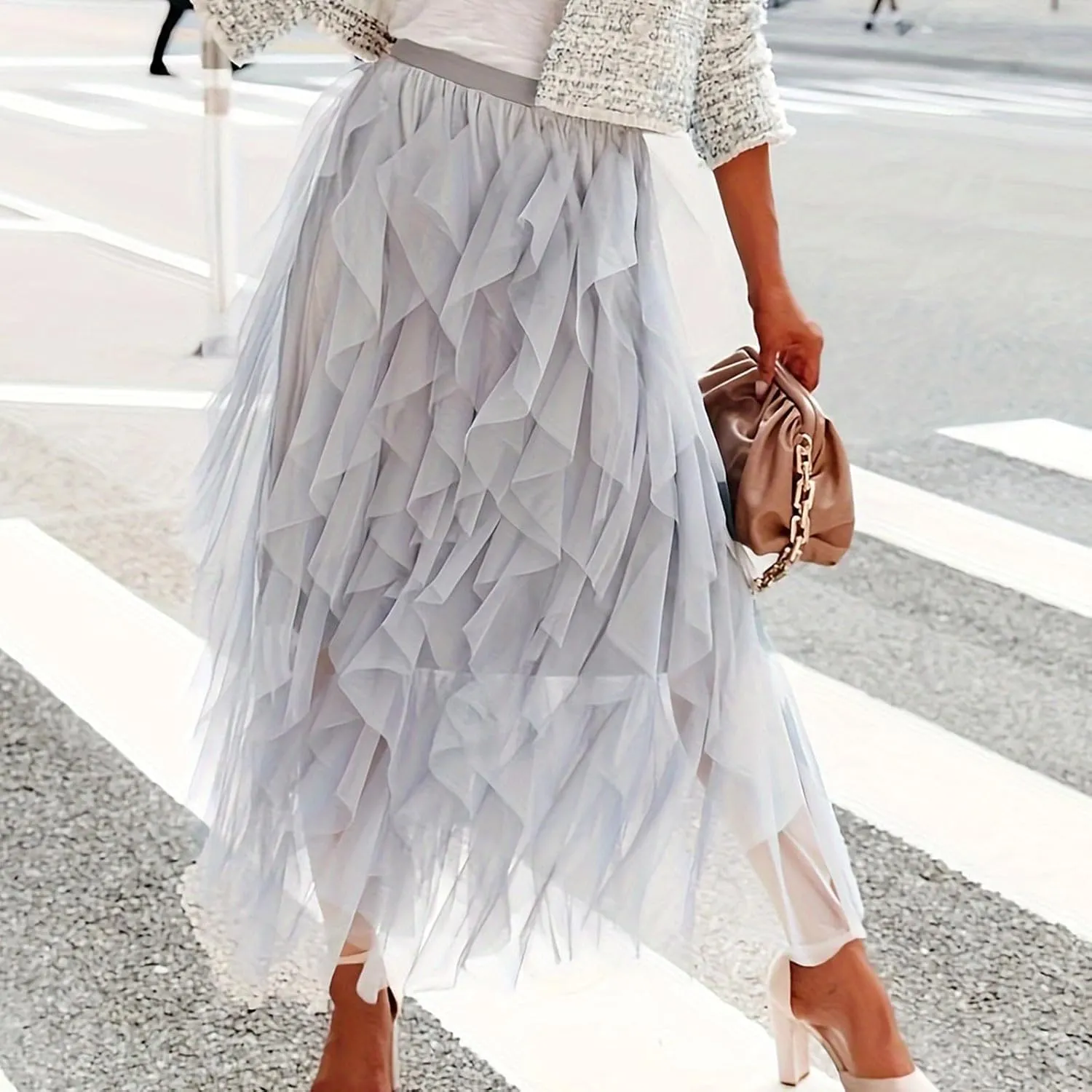 Women's Long A Line Tulle Tutu Skirts Tiered Skirt Petticoat Fairy Mesh Elastic Waist Midi Skirts Holiday Costume