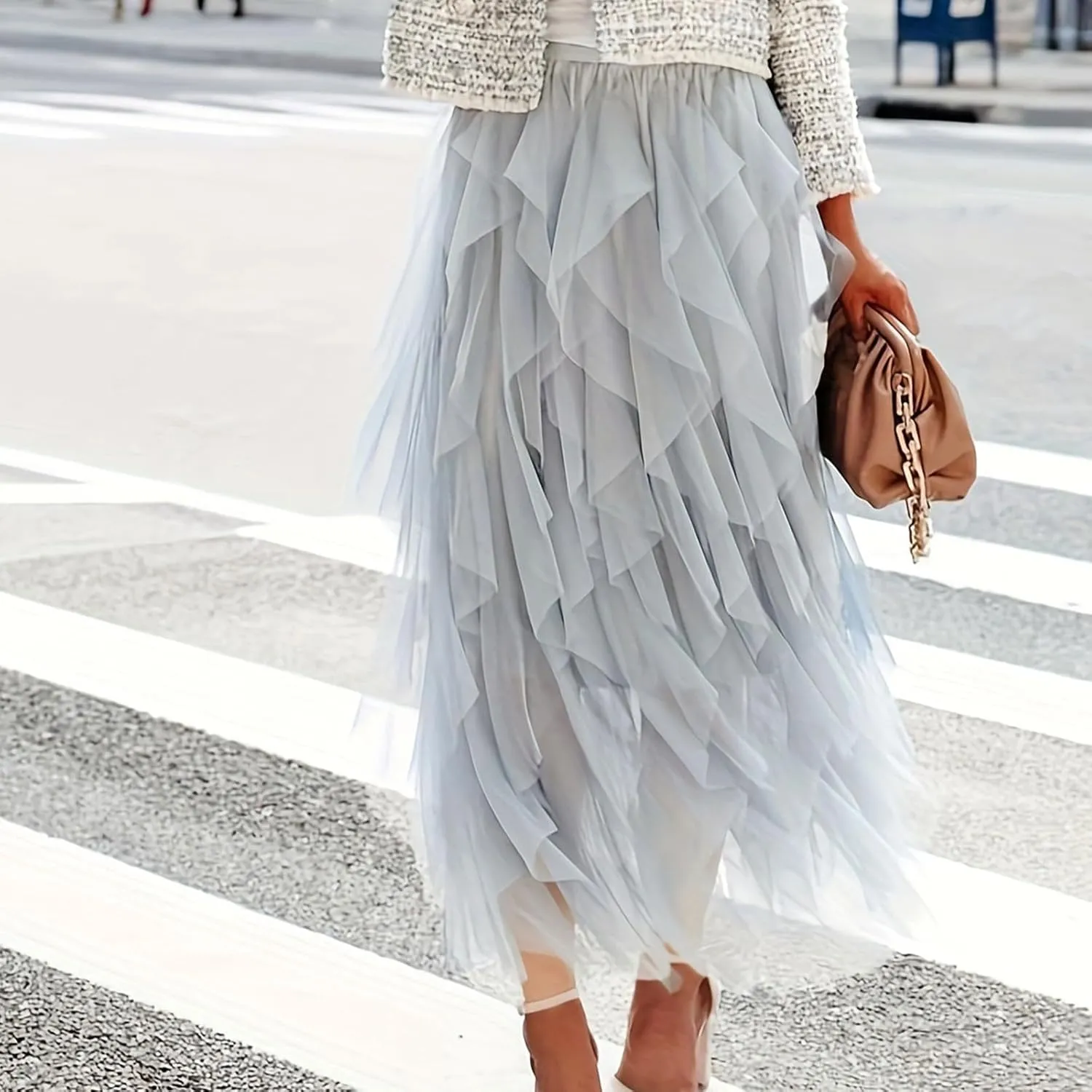 Women's Long A Line Tulle Tutu Skirts Tiered Skirt Petticoat Fairy Mesh Elastic Waist Midi Skirts Holiday Costume