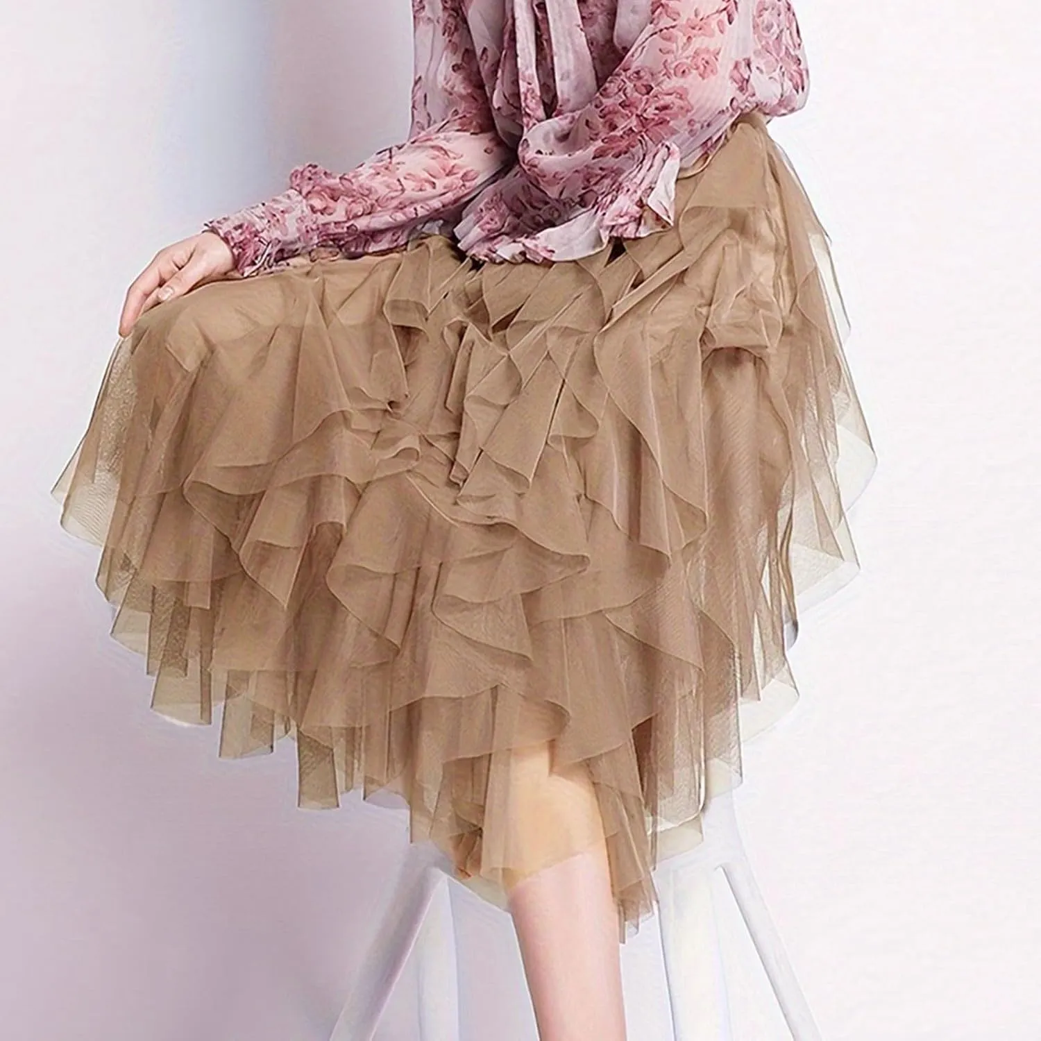 Women's Long A Line Tulle Tutu Skirts Tiered Skirt Petticoat Fairy Mesh Elastic Waist Midi Skirts Holiday Costume