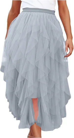 Women's Long A Line Tulle Tutu Skirts Tiered Skirt Petticoat Fairy Mesh Elastic Waist Midi Skirts Holiday Costume