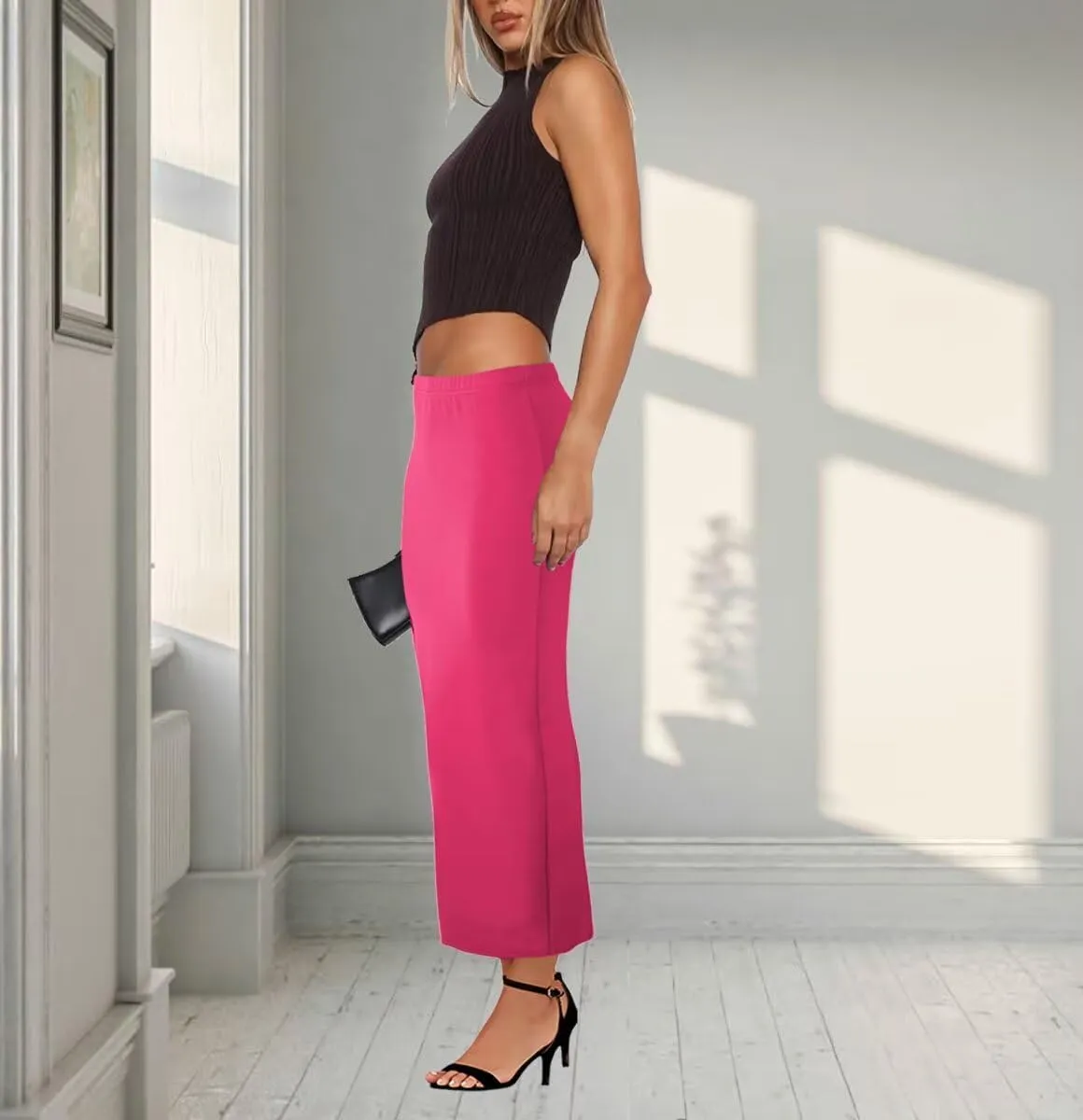 Women's Long Maxi Skirt - Fall Basic Stretch Bodycon High Waist Casual Long Pencil Skirts