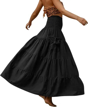 Women's Maxi Boho Skirt Long Pockets Hippie Bohemian Elastic Waist Gypsy Skirt Summer Flowy Pleated Tiered A Line Skirts
