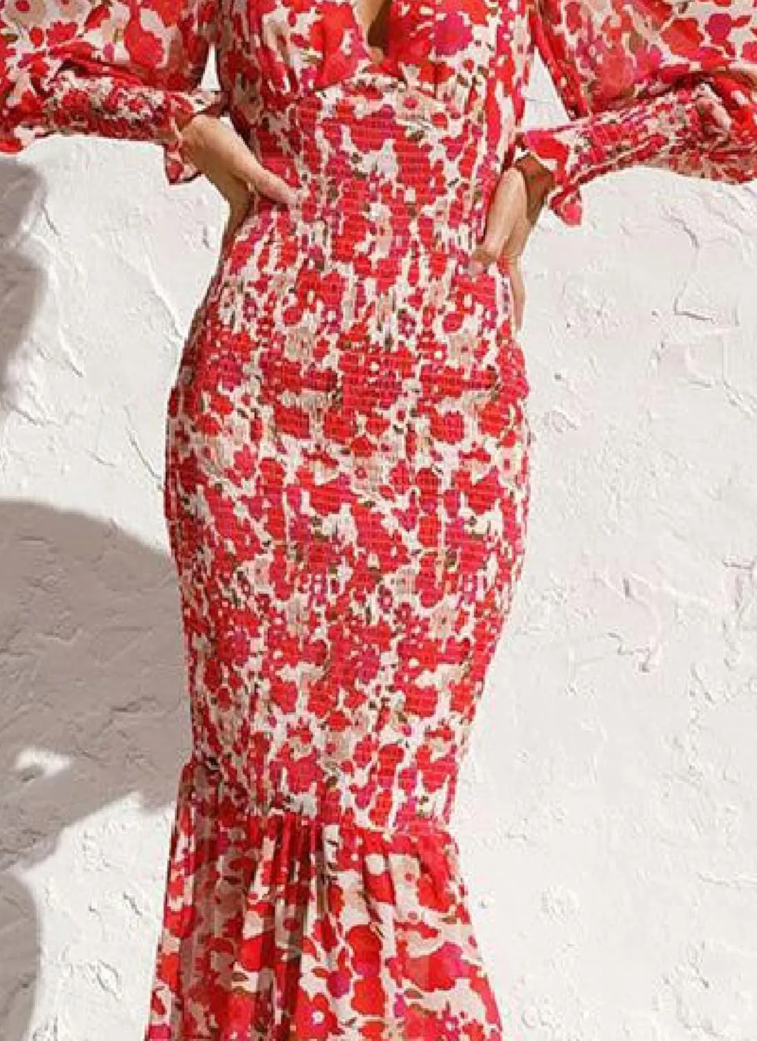Womens Midi Dress V-Neck Long Sleeve Floral Print Smocked Waist Ruffled Elegant Spring Summer Casual Party Dress