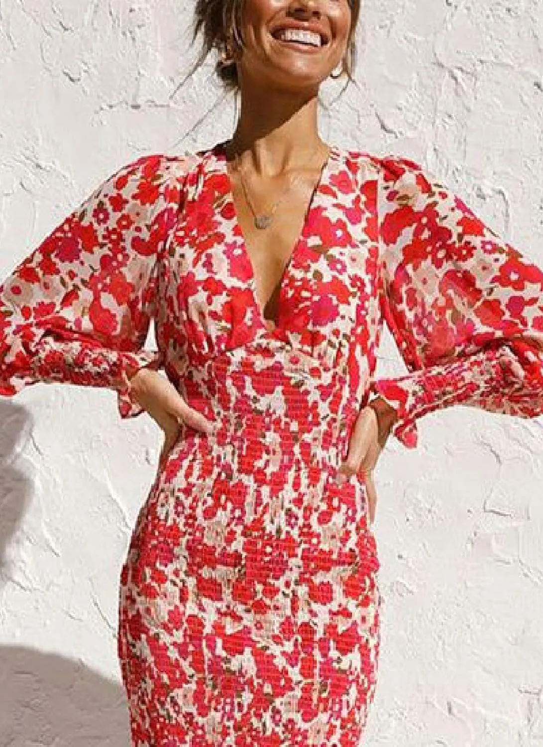 Womens Midi Dress V-Neck Long Sleeve Floral Print Smocked Waist Ruffled Elegant Spring Summer Casual Party Dress