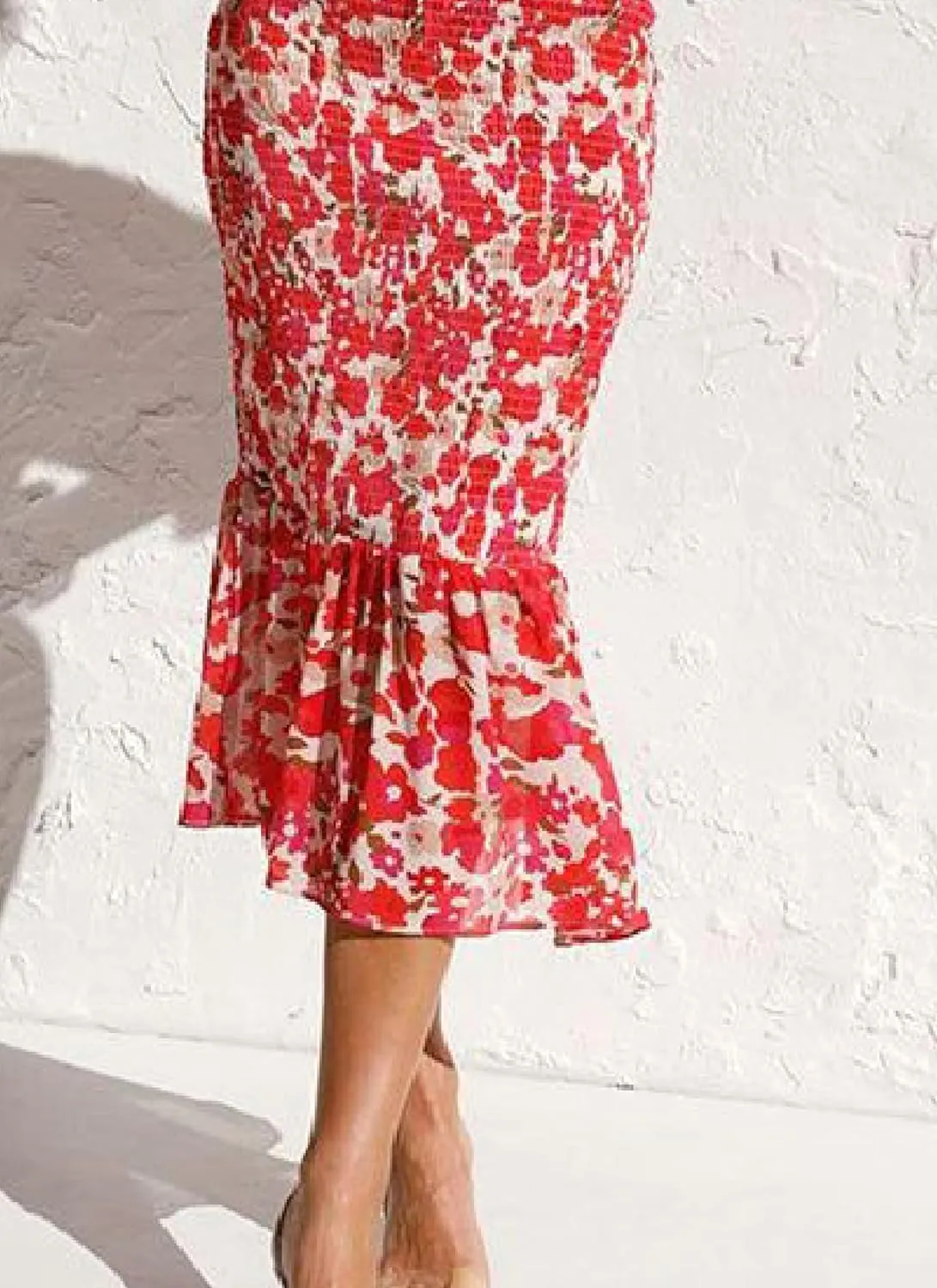 Womens Midi Dress V-Neck Long Sleeve Floral Print Smocked Waist Ruffled Elegant Spring Summer Casual Party Dress